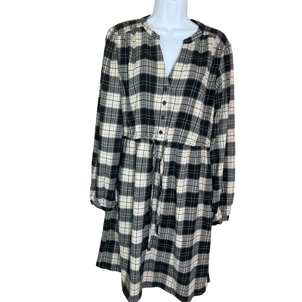 Knox Rose Plaid Dress Womens Medium Black White Excellent Long Sleeve Drawstring